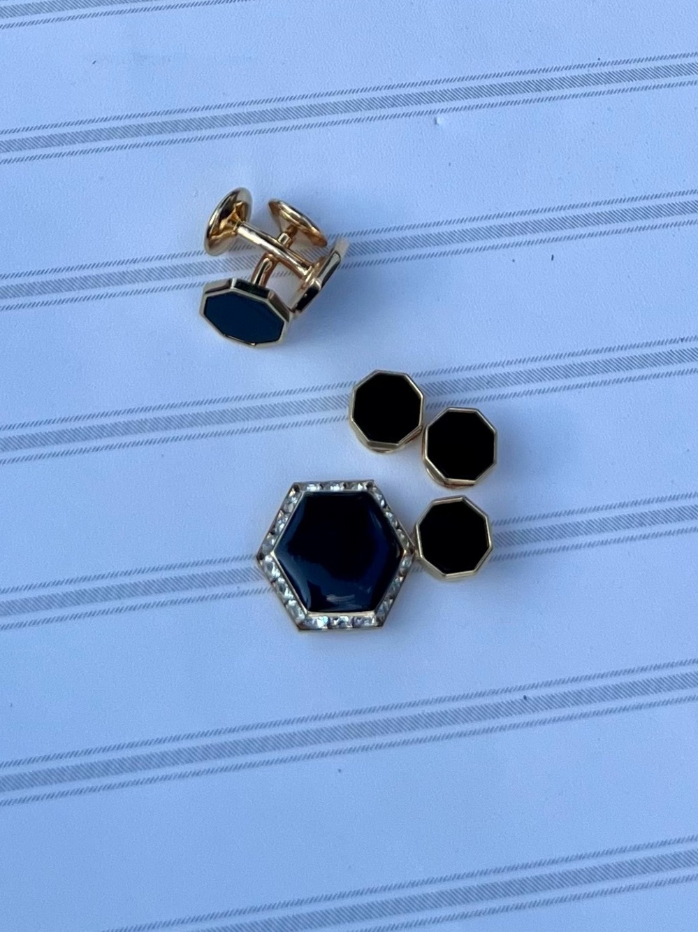 Gold-Tone Cuff Links and Hexagon Studs in Black